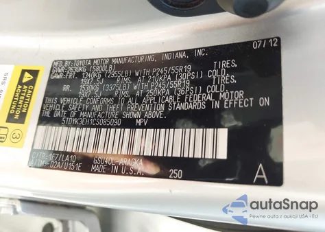 2012 Toyota Highlander Limited V6 z USA, uszkodzony, nr VIN 5TDYK3EH1CS085090